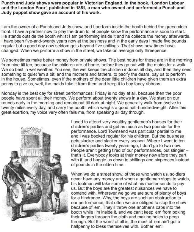 Victorian-era Punch and Judy puppeteer recalls performances, earnings, and challenges. Illustration shows two men with drums and a puppet booth.