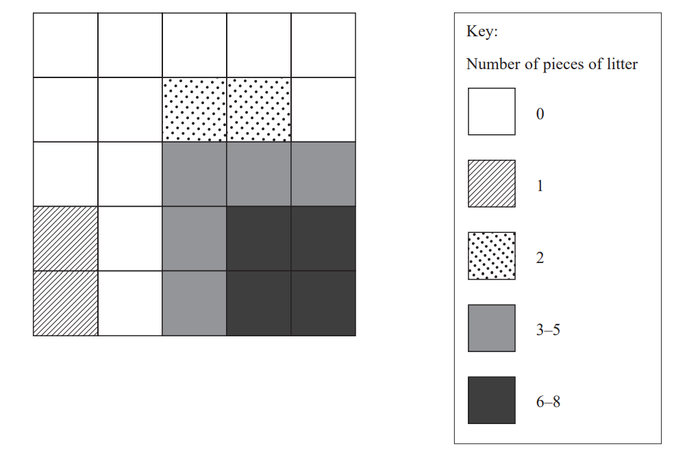 Grid map showing litter distribution. Key indicates litter amounts: white 0, striped 1, dotted 2, light grey 3-5, dark grey 6-8 pieces.