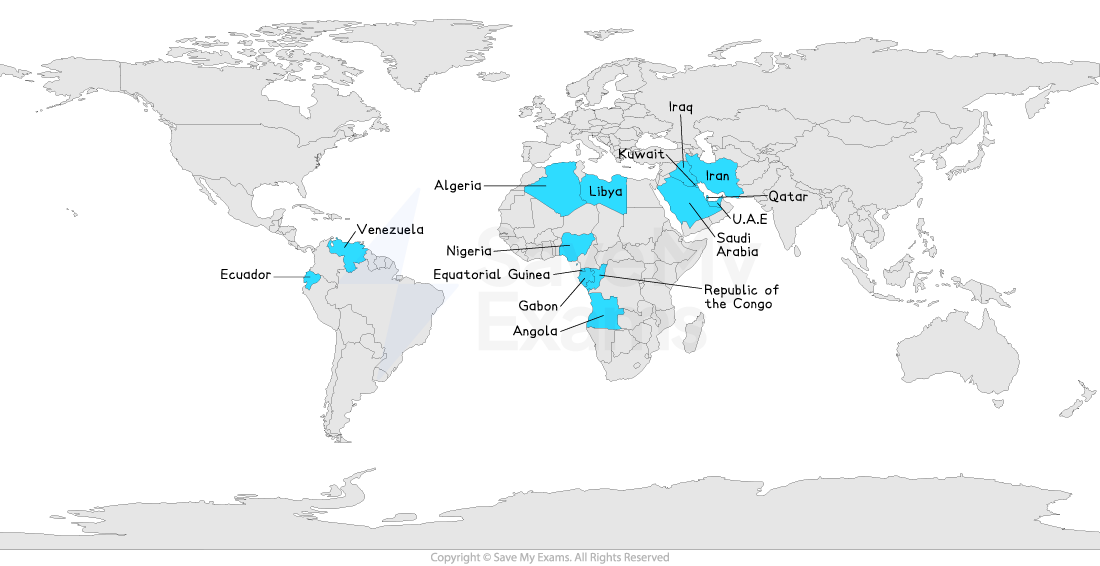 World map highlighting OPEC member countries in yellow, including Venezuela, Iran, Iraq, Saudi Arabia, and others in Africa and the Middle East.
