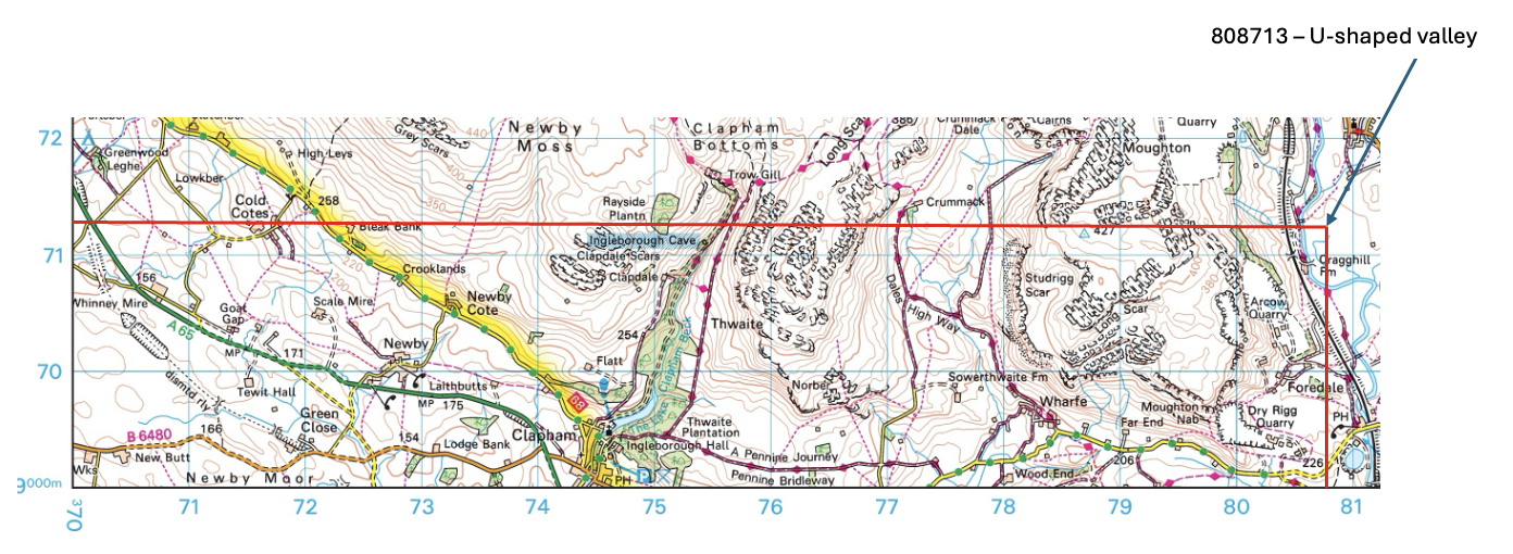 Topographic map showing contours, roads, and landmarks in a region. A red rectangle highlights an area with a U-shaped valley label at grid reference 808713.