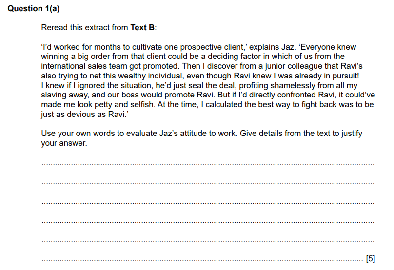 An exam question asks students to evaluate Jaz’s work attitude based on a provided text extract, considering competition and ethical dilemmas.