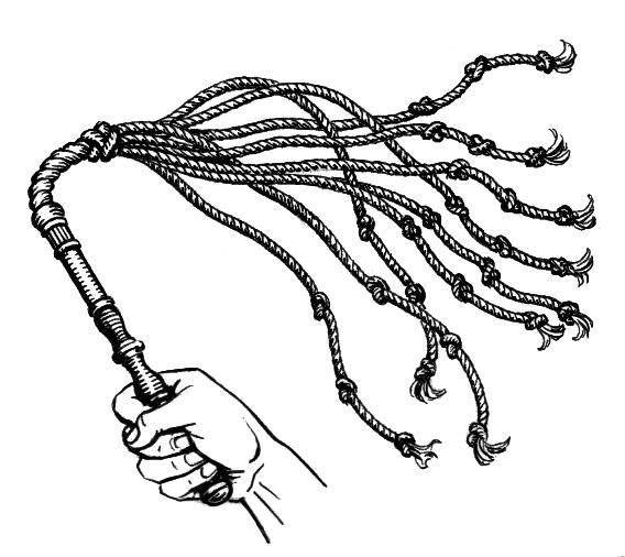 Hand holding a cat o' nine tails whip with multiple knotted ropes, drawn in black and white, showing detailed texture and grip.