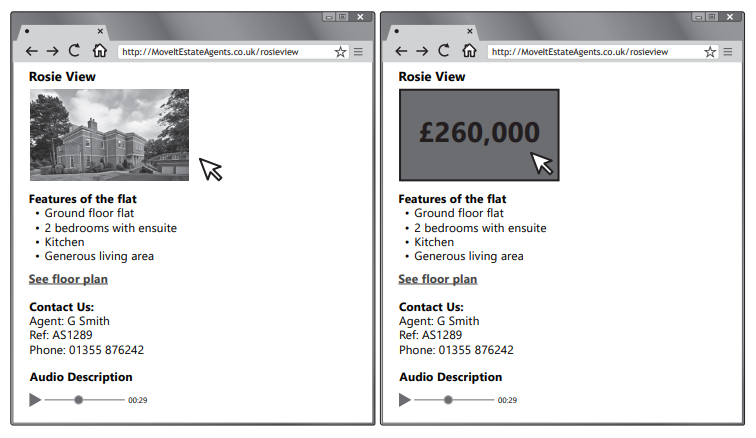 Two side-by-side web pages displaying property details; one shows the property image, and the other, its £260,000 price tag.