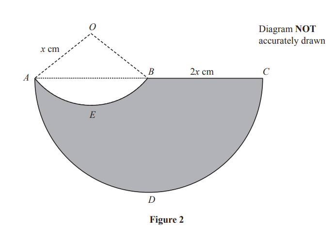 Geometric diagram with a semicircle ABCD of diameter 2x cm. Triangle OAB is above with OB and OA being x cm. Point E is inside the semicircle.