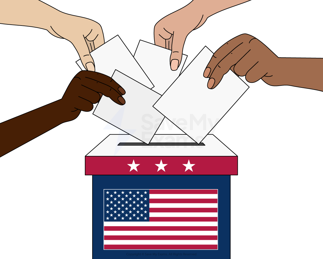 Hands casting votes into a ballot box against a background of the American flag, symbolising democracy and the electoral process in the United States.