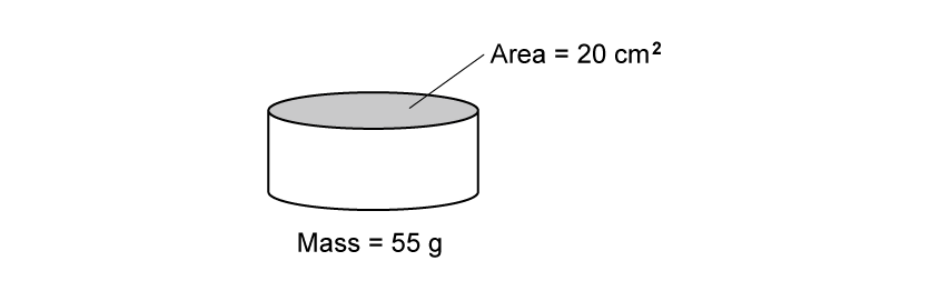 Large cylinderical block with two labels: mass = 55 grams, and area = 20 square centimetres on its top face.