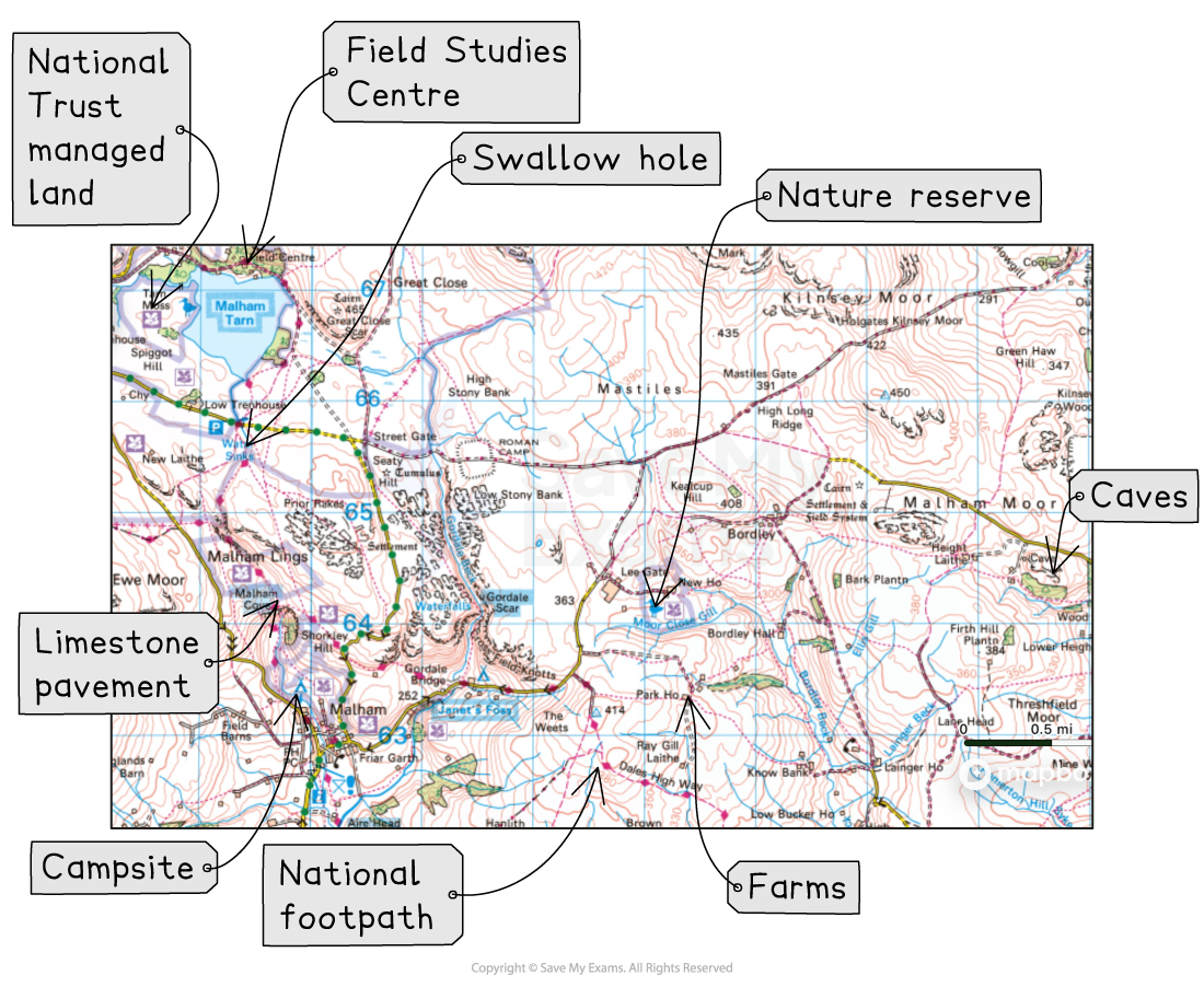 Annotated map showing National Trust land, field centre, swallow hole, nature reserve, caves, limestone pavement, campsite, footpath, and farms.
