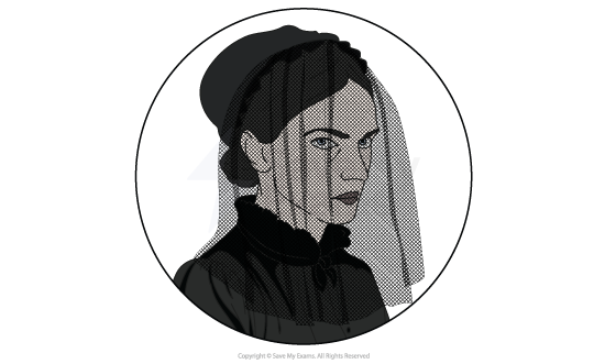 Image of Jennet Humfrye from The Woman in Black: Illustration of a woman in Victorian-style mourning attire, featuring a black dress and veil, inside a circular frame, conveying a sombre expression.