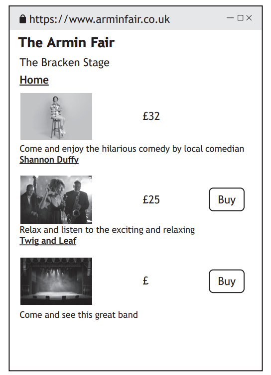 Event page for The Armin Fair's Bracken Stage with shows from Shannon Duffy at £32 and Twig and Leaf at £25. Third band show with price missing.