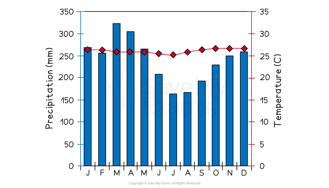 Bar chart showing monthly precipitation and line graph showing temperature for each month, January to December. Precipitation varies, temperature steady.