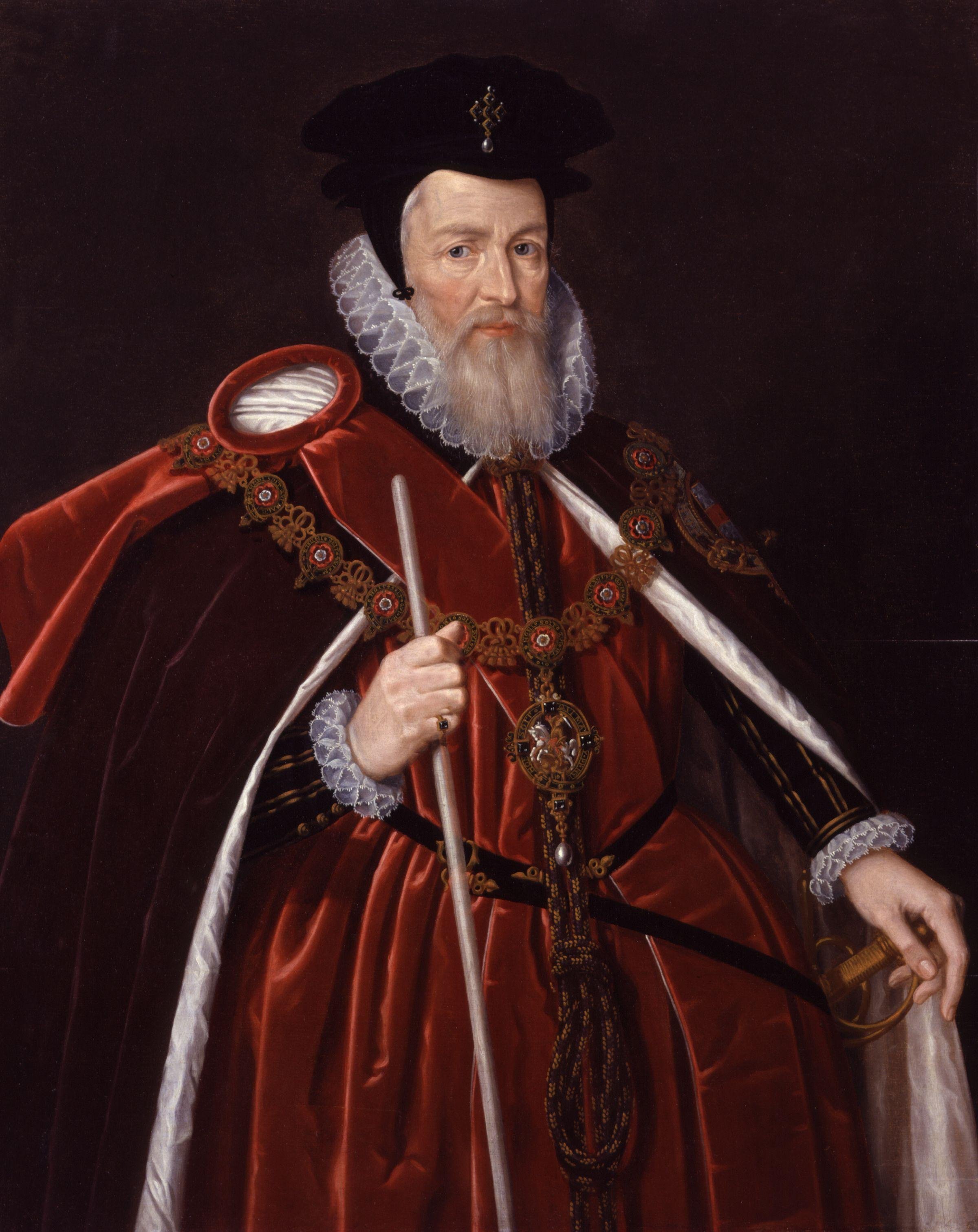 William Cecil in ornate, red robes with white lace, wearing a black hat, holding a staff, and a sword at his side, against a dark background.l