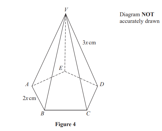 Pentagonal pyramid diagram with apex V, base vertices A, B, C, D, and E; sides VB and VD marked 3x cm, base AB and AD marked 2x cm; not to scale.