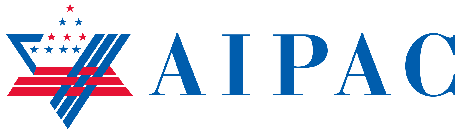Blue text reads "AIPAC" next to a star composed of red and blue stripes with smaller stars inside, representing the American Israel Public Affairs Committee logo.
