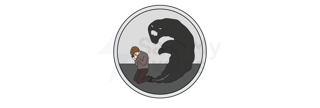 Symbol for the theme of fear: A person crouches in fear, covering their face, as a looming dark shadow with a menacing expression towers over them in a circular frame.