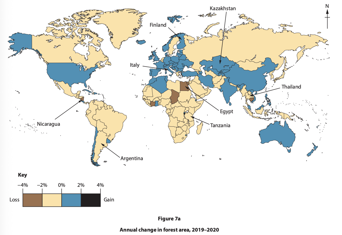 World map showing forest area change 2019-2020. Countries shaded from brown (loss) to blue (gain). Key countries include Finland, Egypt, and Argentina.
