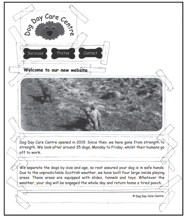 Cartoon banner of a dog day care website with photo of dog in field. Includes text about services, weather accommodations, and dog care details.