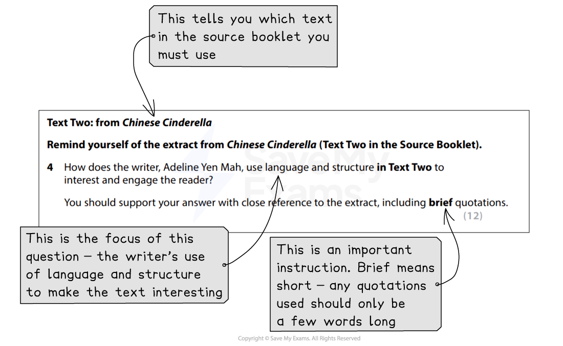 Instructions for analysing "Chinese Cinderella" extract, focusing on language and structure to engage readers, with notes on brevity of quotations.