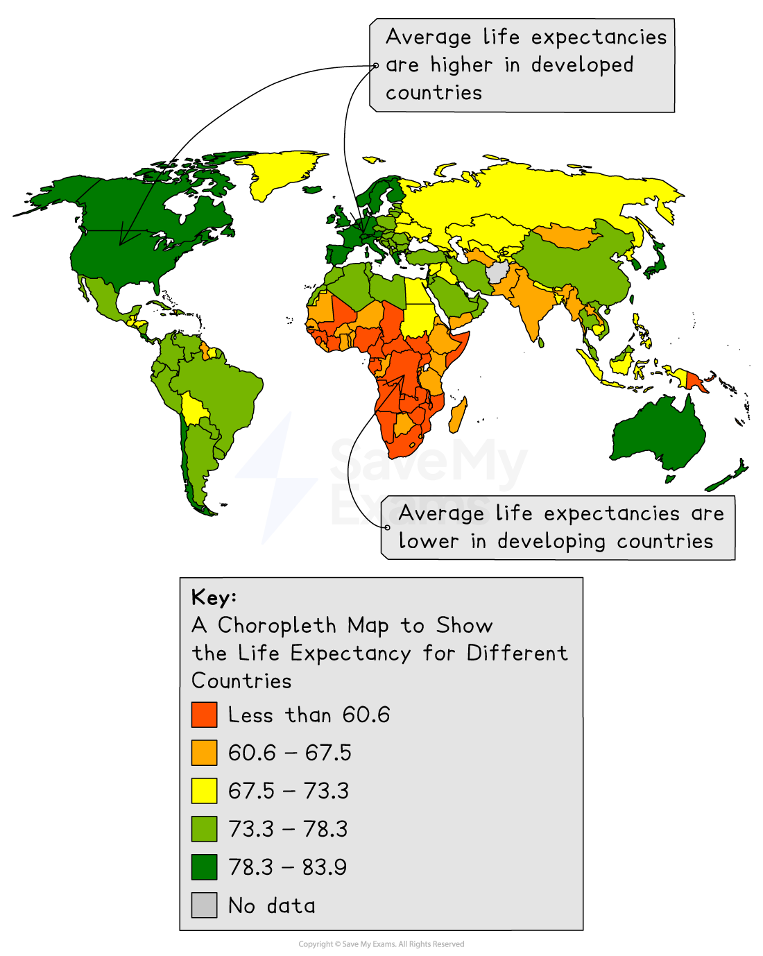 World map showing life expectancy by country, colour-coded from red (lowest) to dark green (highest), with captions highlighting differences in developed and developing countries.