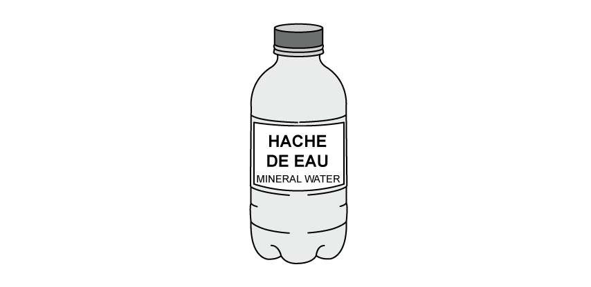 Illustration of a plastic bottle labelled "Hache de Eau Mineral Water," featuring bold text and detailed shading.