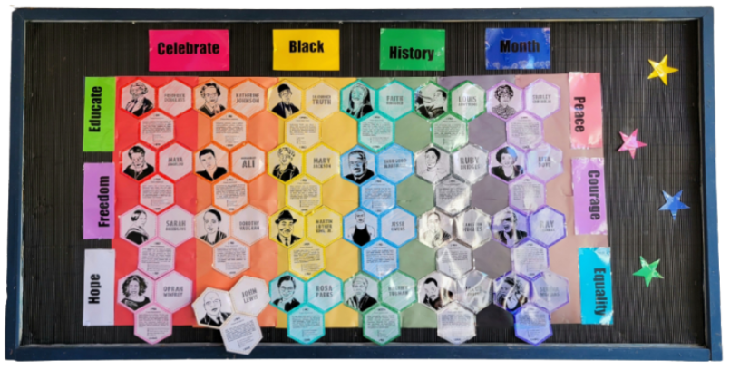 Colourful bulletin board for Black History Month with hexagonal photos and text under themes: Educate, Freedom, Hope, Peace, Courage, and Equality.