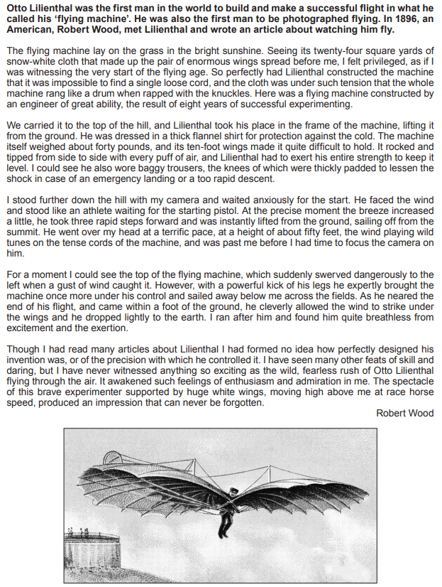 Black and white illustration of Otto Lilienthal flying his glider with large wings over a field. Text describes his pioneering flight and the scene observed.