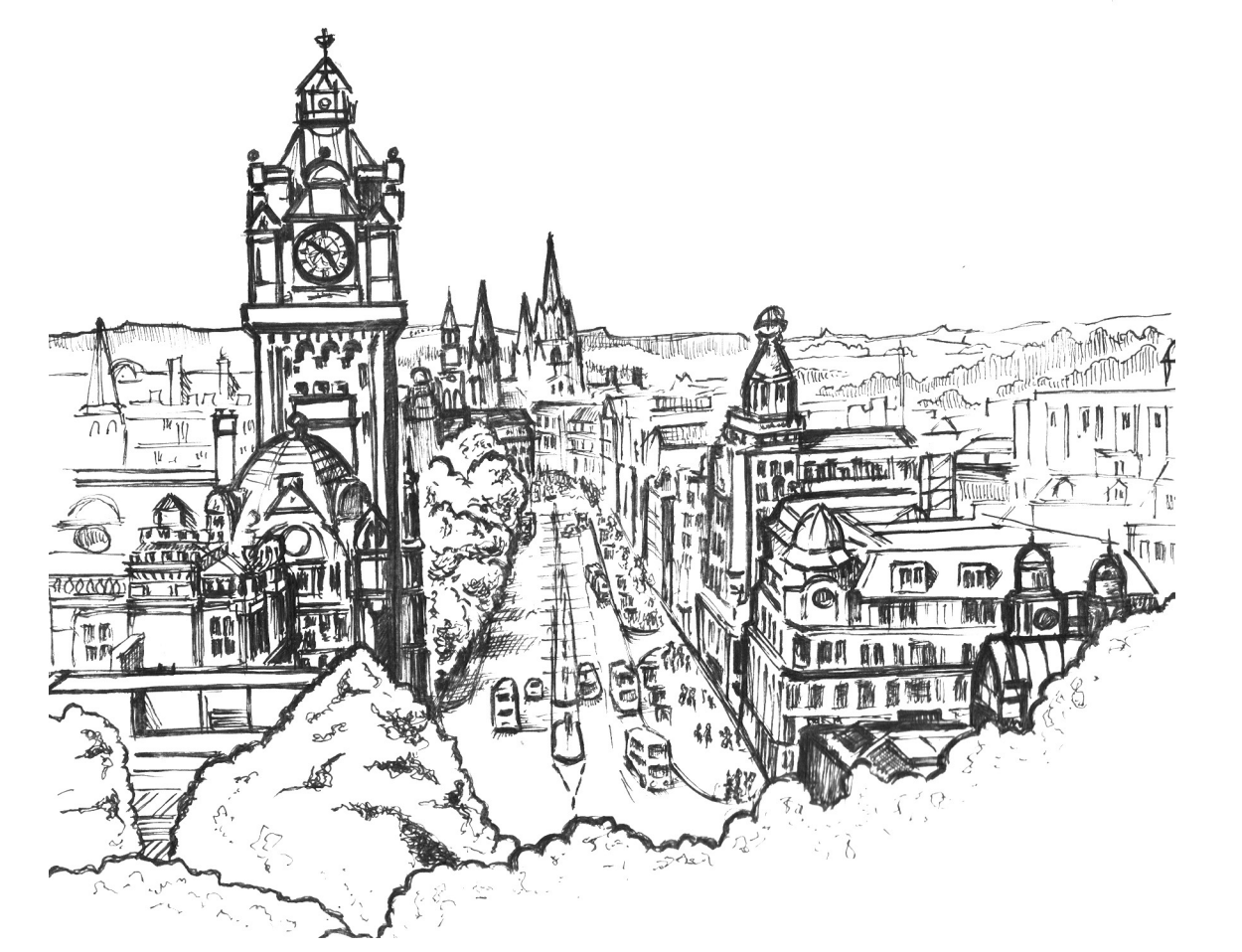 Sketched cityscape featuring a prominent clock tower, Victorian architecture, and a bustling street with vehicles and people, set against a hilly backdrop.