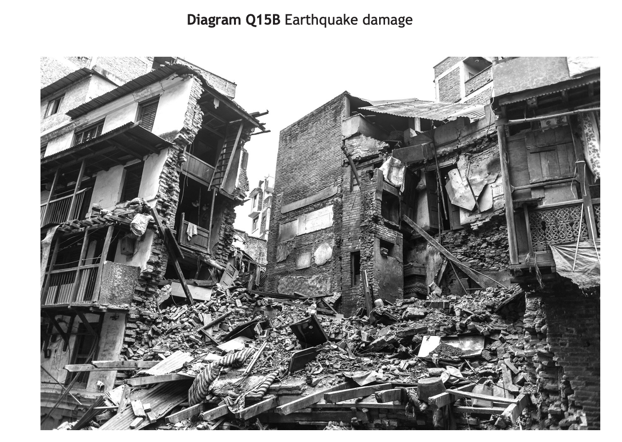 Collapsed buildings with exposed interiors and debris, illustrating severe earthquake damage in an urban setting.