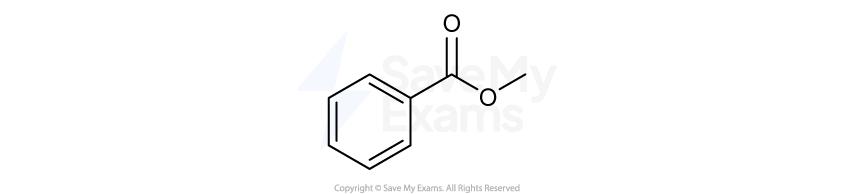 Chemical structure of methyl benzoate, showing a benzene ring attached to an ester group with a methoxy group, depicted with black lines and blue oxygen atoms.