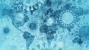 Map of the world overlaid with virus icons, symbolising the global impact of a pandemic, in varying shades of blue.