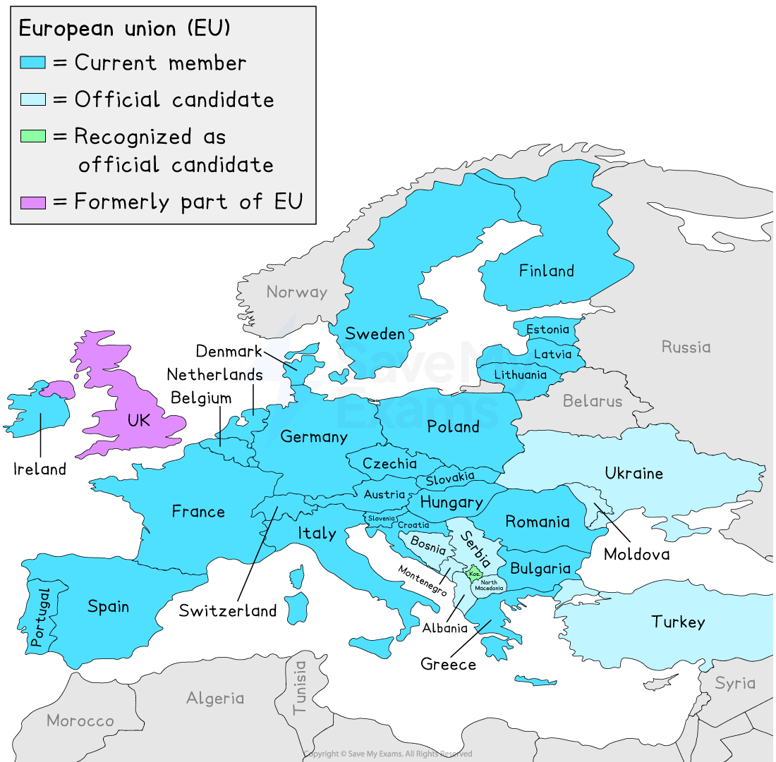 Map of Europe showing EU membership status in July 2025. Purple for members, pink for official candidates, light purple for potential candidates, orange for former members.