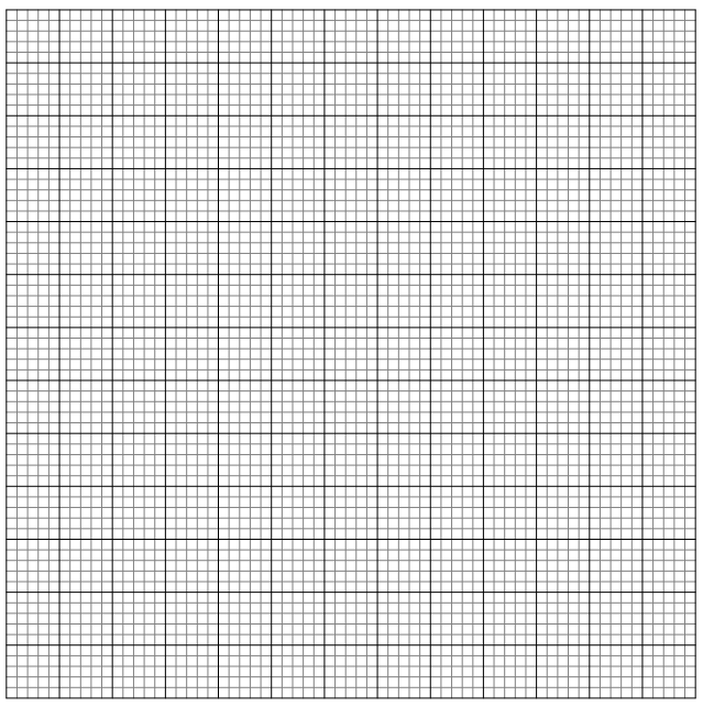 A sheet of square graph paper featuring a grid of small blue squares, intersected by darker bold lines every five squares, set against a white background.