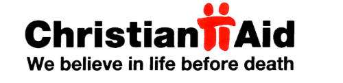 Christian Aid logo with text "We believe in life before death" in black. Red icons resembling two people appear between the words "Christian" and "Aid".