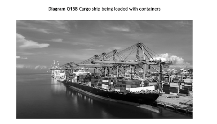 Cargo ship at a busy port being loaded with stacked containers by cranes, under a partly cloudy sky, with more ships and containers in the background.