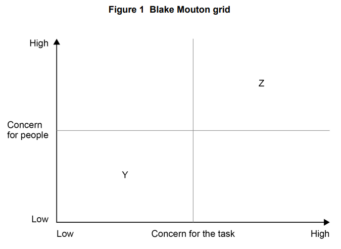 Blake Mouton grid with axes for concern for people and task; quadrant Y is low on both, quadrant Z is high on both.