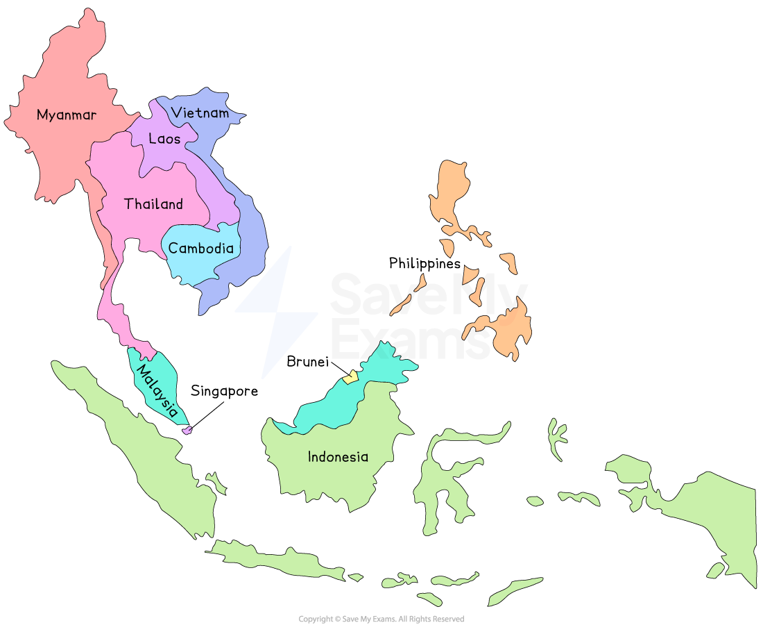 Map of Southeast Asia with countries labelled and coloured differently; includes nation flags and names for Myanmar, Vietnam, Laos, Cambodia, Thailand, Malaysia, Singapore, Brunei, Philippines, Indonesia.