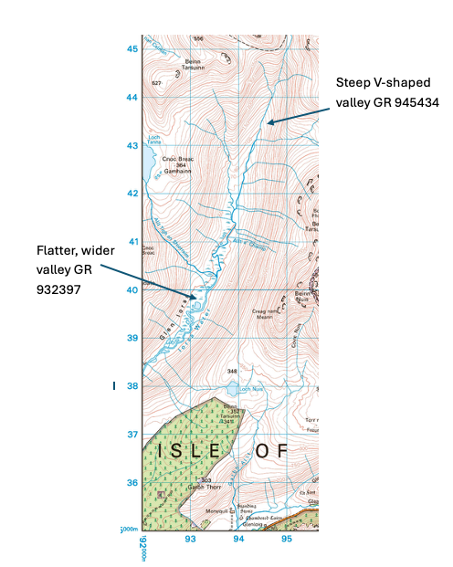 Topographic map showing a steep V-shaped valley at grid reference 945434 and a flatter, wider valley at grid reference 932397 