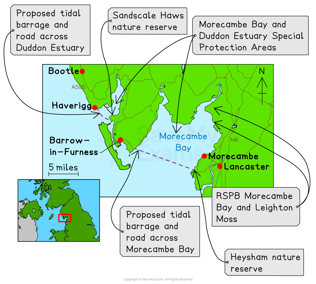 Map of Morecambe Bay showing proposed tidal barrages, nature reserves, and towns like Bootle and Lancaster, including Special Protection Areas.