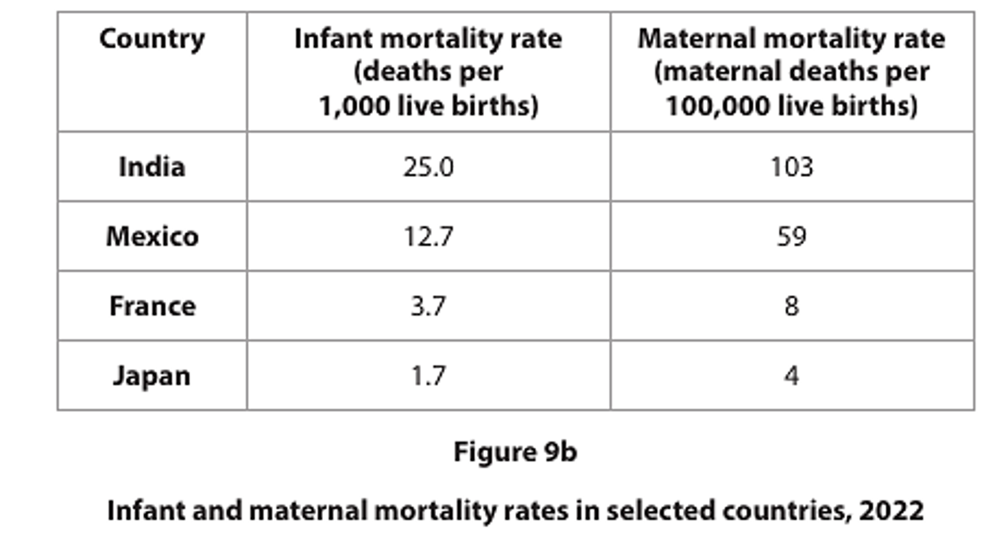 Table showing 2022 infant and maternal mortality rates per 1,000 and 100,000 live births, respectively, for India, Mexico, France, and Japan.