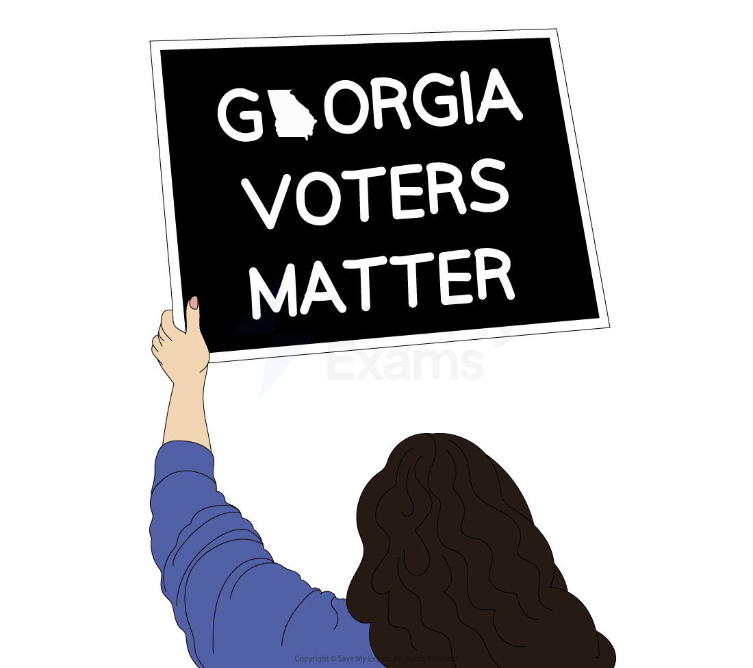 Person holds a sign reading "Georgia Voters Matter" in front of a historic building with a golden dome against a clear blue sky.
