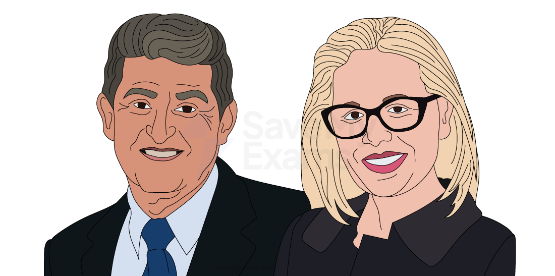 Elderly man in a grey suit with a purple tie and middle-aged woman in glasses and a leopard print top, both smiling against a white background.