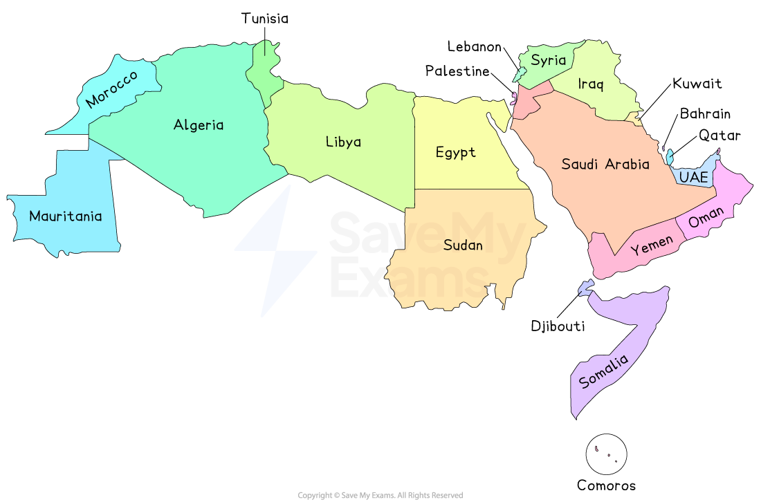 Coloured map highlighting Arab countries in North Africa and the Middle East, including Egypt, Saudi Arabia, Iraq, and others, each with a distinct colour.