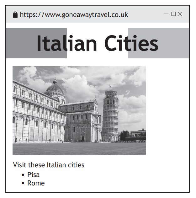 Black and white image of Pisa's Leaning Tower and Cathedral under a cloudy sky, with text promoting Italian cities Pisa and Rome.