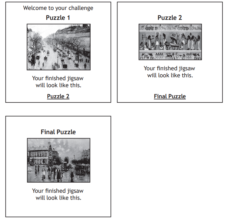 Three black and white puzzle images with titles: "Puzzle 1" depicts a city street, "Puzzle 2" shows an ancient scene, and "Final Puzzle" features an urban landscape.