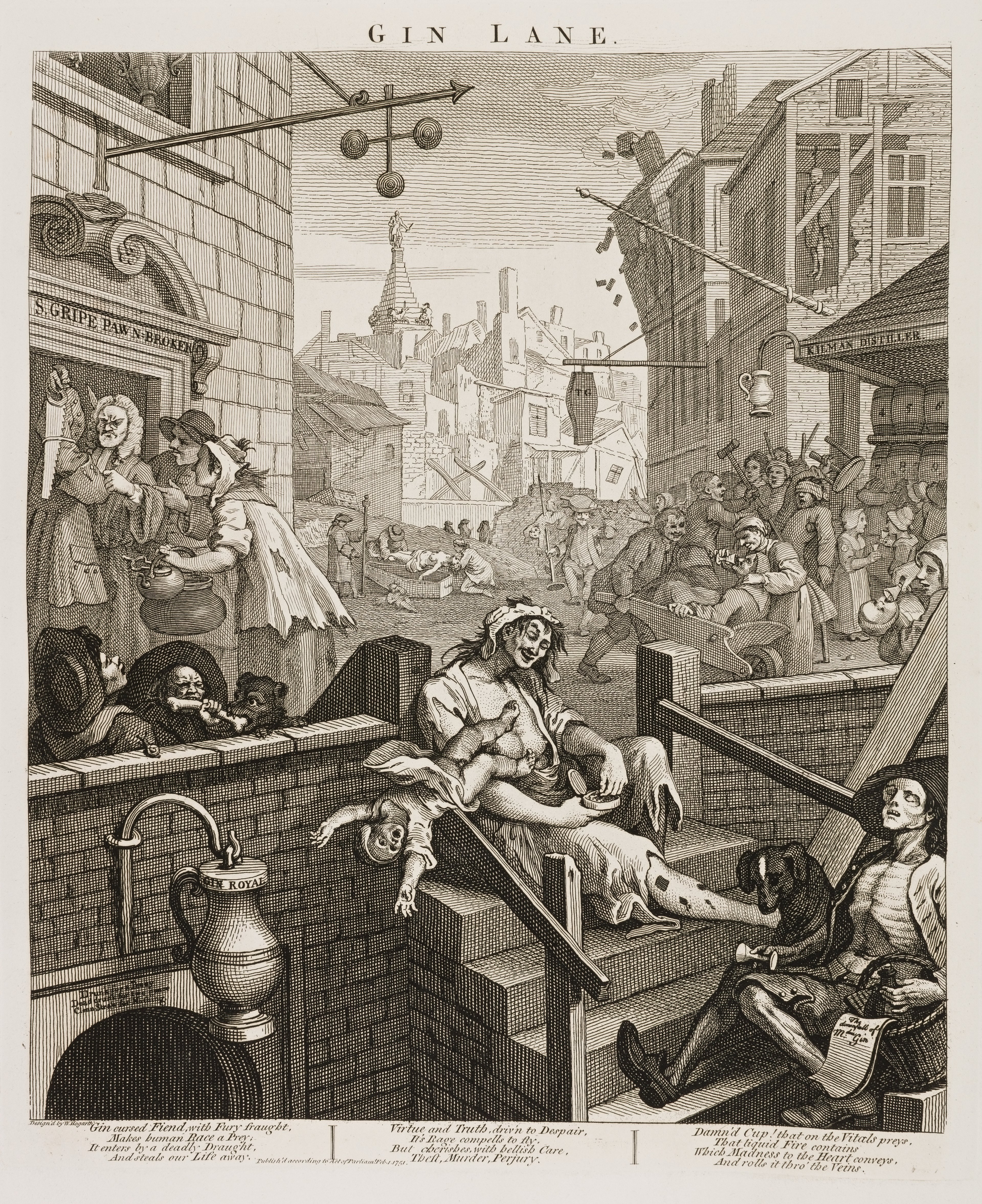 Gin Lane - A drawing by Hogarth showing the impact of gin drinking on the population
