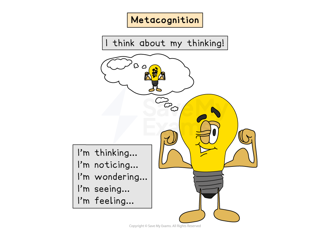 Cartoon light bulb thinking about itself under the word "Metacognition," with phrases: "I'm thinking, noticing, wondering, seeing, feeling."