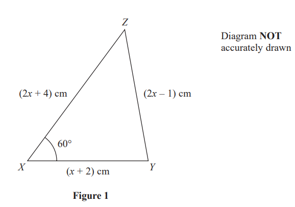 Triangle XYZ with sides labelled: XY as (x+2) cm, XZ as (2x+4) cm, and YZ as (2x-1) cm. Angle X is 60 degrees. Diagram not to scale.