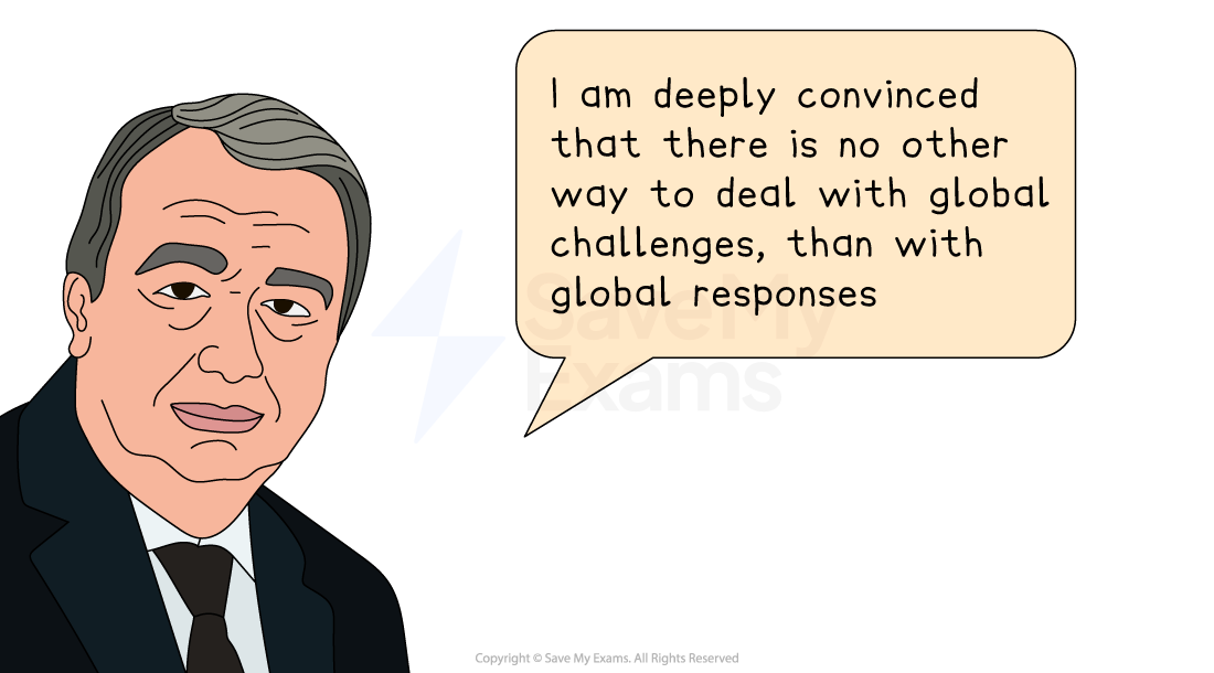 Man in a suit and tie with grey hair, speech bubble reads: "I am deeply convinced that there is no other way to deal with global challenges, than with global responses."