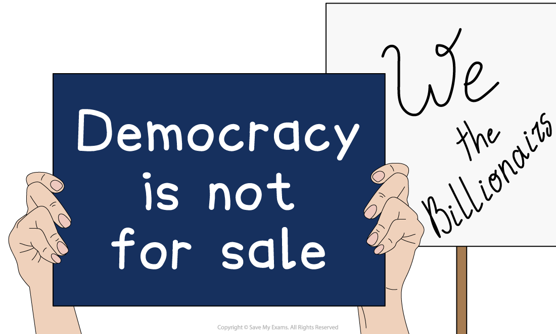 People holding protest signs, one with "DEMOCRACY IS NOT FOR SALE" and another satirical sign about billionaires. Capitol building in the background.