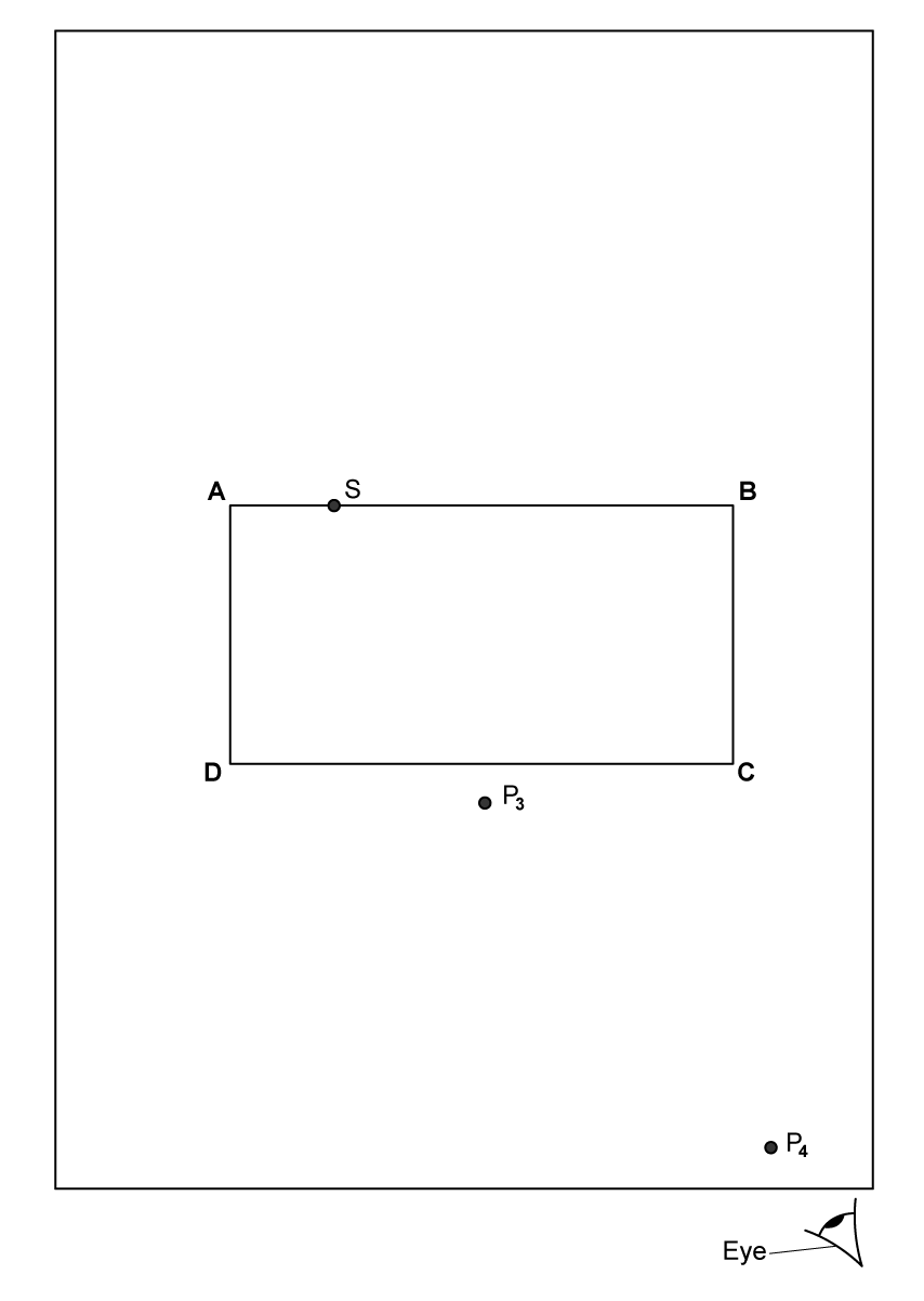 A rectangular outline labelled ABCD. Side AB is the top surface. A point S is marked on AB. Below CD there are two points P3 and P4, and an eye symbol in the bottom right corner, indicating perspective.