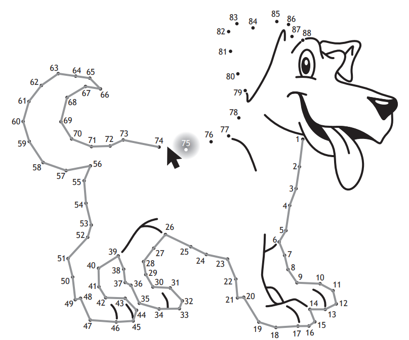 Connect-the-dots drawing of a happy dog with its tongue out, numbered from 1 to 88. A mouse cursor hovers over dot number 75.